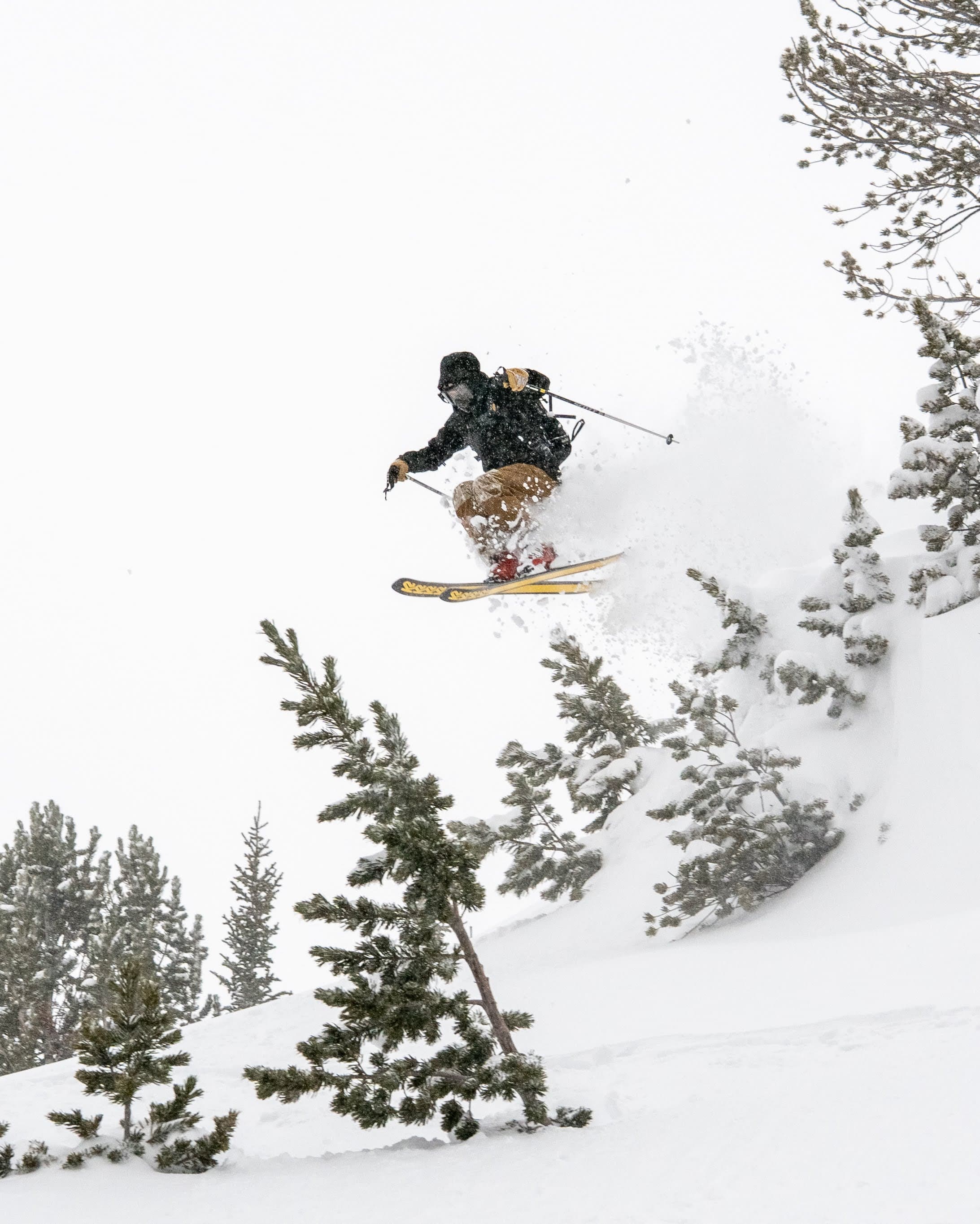 Skier airborne above a snowy ridge in storm light near Pilots Roost.
