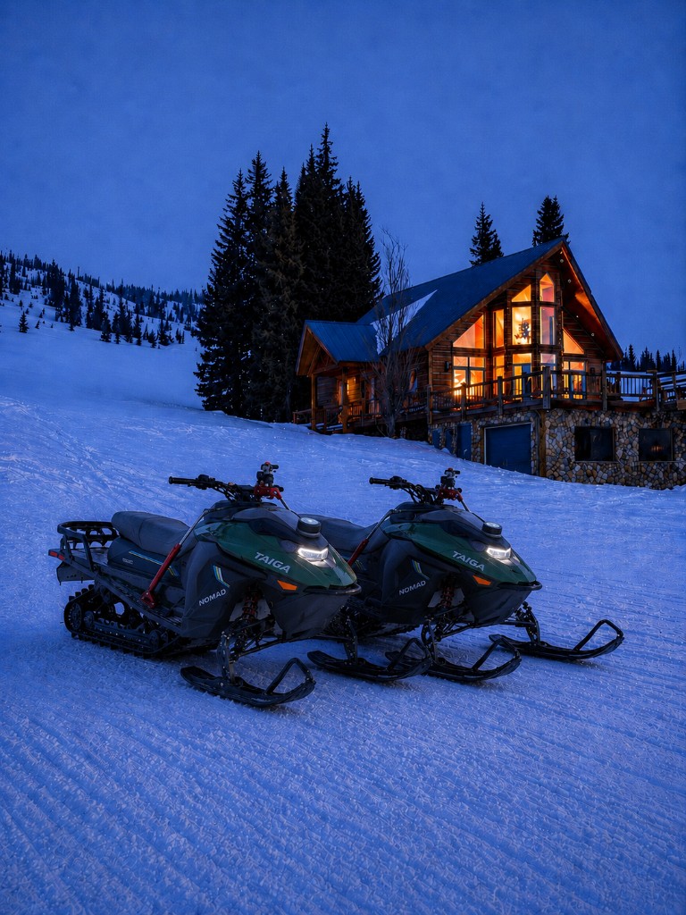 Autonomous snowmobiles parked at Pilots Roost at dusk